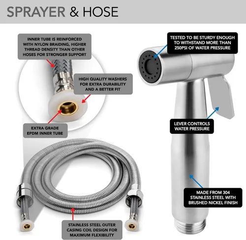 Vista 4 de Kit de rociador de pañales de tela de acero inoxidable - Spray de bidé de mano para inodoro con acabado de níquel cepillado y accesorios completos