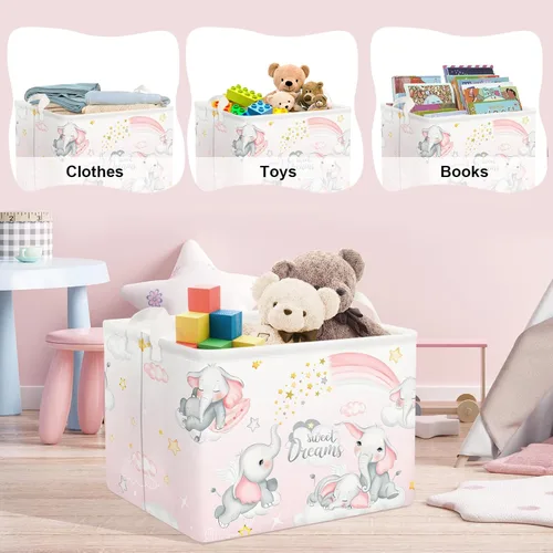 Vista 5 de Clastyle Cesta de almacenamiento rectangular de elefantes durmientes, color rosa, arcoíris, para niñas, con nube, luna, baby shower, ropa