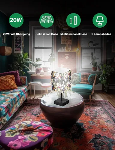 Vista 4 de Lámparas de mesa para dormitorio, pequeña lámpara de mesita de noche con puerto USB y tomas, luces decorativas de flores para sala de estar