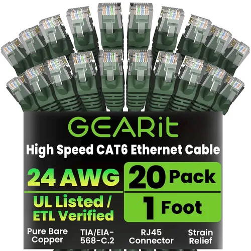 Vista 40 de GEARit Paquete de Cables Ethernet Cat 6 - Paquete de 20 Cables de Conexión Ethernet Cat6 de 1 pie Cable de Conexión de Red RJ45, Conectores
