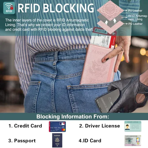 Vista 4 de RSAquar Combo de portatarjetas de pasaporte y vacunación, funda de pasaporte, funda de cuero para tarjetas de viaje, accesorios con bloqueo RFID