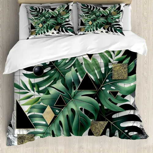 Vista 4 de Ambesonne Monstera - Juego de funda de edredón, estilo escandinavo bohemio, estampado triangular poligonal geométrico, juego de ropa de cama