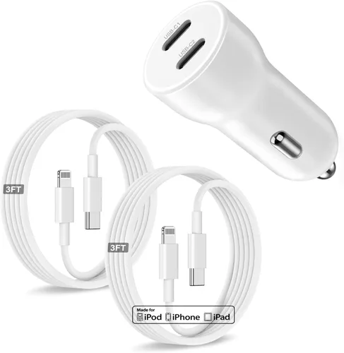 Vista 8 de Cargador de coche para iPhone 14 13, [certificado Apple MFi] Adaptador rápido USB C de 45 W de doble puerto USB C para automóvil con cable Lightning