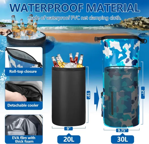 Vista 2 de Bolsa seca impermeable de 30L con enfriador desmontable de 20 L, mochila enfriadora con bolsillo para teléfono y bolsa para botellas, adecuada