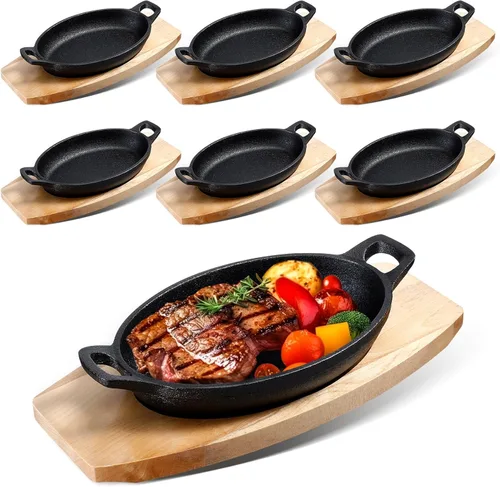 Vista 9 de Mifoci 2 piezas de mini sartén de hierro fundido con base de madera, pequeños platos de fajita de hierro fundido, sartén para panadero, olla negra