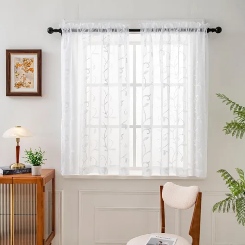 Vista 13 de VISIONTEX Juego de 2 paneles de cortinas traslúcidas blancas de 63 pulgadas de largo, con bordado de coral beige, bolsillo para barra, cortinas
