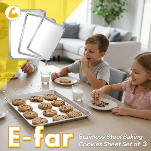 Vista 7 de E-far Juego de 3 bandejas para hornear galletas, 16/12.4/10.4 pulgadas, juego de sartenes de acero inoxidable para horno, bandeja rectangular