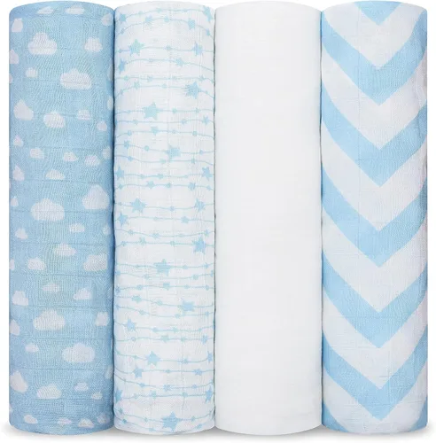 Comfy Cubs Mantas Envolventes de Muselina Paquete de 4, 47 x 47 Pulgadas, Juego de Mantas de Algodón Suave para Bebé, Envolturas Grandes