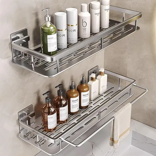 EVALAND Shower Caddy Adhesive 2-Pack with Hooks and Rod for Towels, Silver – Premium Bathroom Shower Shelves, Shampoo Organizer, Bathtub Shelf,