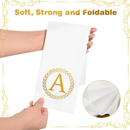 Vista 3 de 100 servilletas desechables con monograma de oro, toallas de mano decorativas con letra A, servilletas de cena para invitados, toallas de mano
