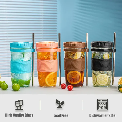 Vista 6 de Paquete de 2 tazas de té de burbujas, tazas de café helado de 24 onzas, tarro Mason con pajitas y 2 tapas herméticas, taza reutilizable de boca