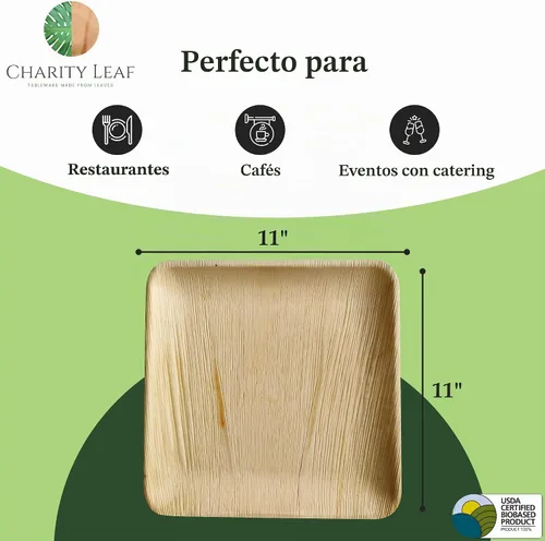 Vista 5 de Charity Leaf Platos cuadrados desechables de bambú de 11 pulgadas (25 piezas) Platos de bambú para servir, tableros desechables, vajilla ecológica