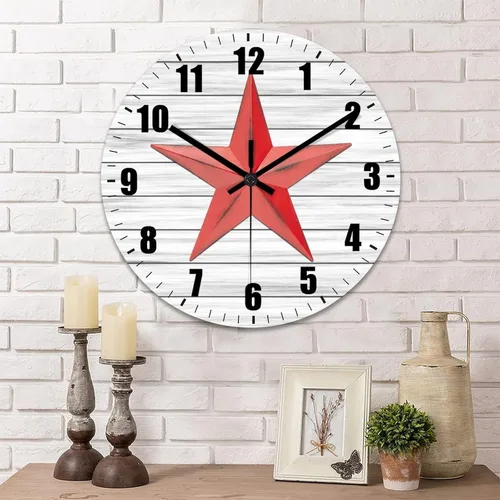 12 Inch Decorative Wall Clock Western Texas Star Antique Farmhouse Wood Clock Quiet Non-Ticking Battery Operated Vintage Wooden Time Clock for Home