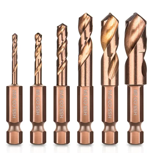 Brocas Cortas de Cobalto M35, Matework 6 Brocas Cortas para Metal con Vástago Hexagonal de 1/4", Tamaños 3/32"-1/8"-3/16"-1/4"-5/16"-3/8" Juego de