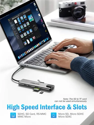 Vista 6 de Lemorele Adaptador multipuerto USB C Hub 9 en 1 con Gigabit Ethernet, 100 W PD, HDMI 4K, 3 USB 2.0, puerto de datos USB C de 5 Gbps, lector