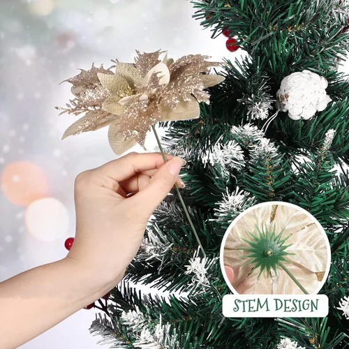 Vista 4 de 12 flores artificiales de Navidad con purpurina para corona de Navidad, adornos de árbol de Navidad con 12 tallos y clips (dorado)