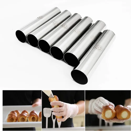 Vista 4 de NewlineNY - Juego de 10 tubos de vertedor de escarcha de acero inoxidable, 6 circulares + 4 formas de repostería de canoli de cono