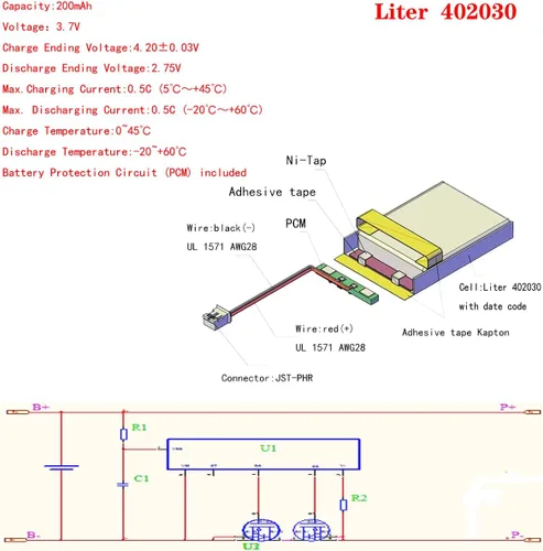 Vista 3 de Liter 3.7V 200mAh 402030 Lipo Batería recargable de iones de polímero de litio con conector JST 0.079 in