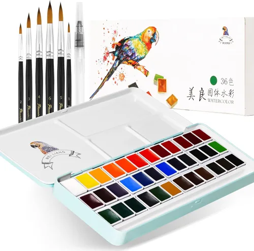 MeiLiang - Juego de pintura de acuarela, 36 colores en caja portátil con anillo de metal y 7 pinceles de pintura, suministros de arte para pintura,