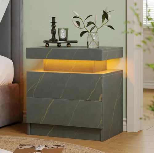Vista 11 de Mesita de noche LED blanca moderna, mesa de cabecera para dormitorio, mesa auxiliar con 2 cajones de madera Blanco profundo