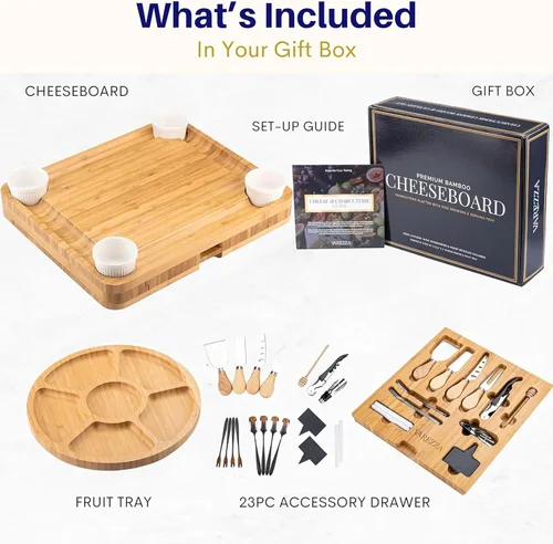 Vista 9 de Juego de tablas de charcutería – Tabla grande de queso de bambú y plato con accesorios de charcutería, regalos de inauguración de la casa