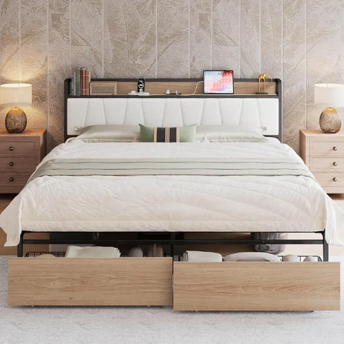 Vista 20 de LIKIMIO Marco de cama tamaño King con 2 cajones y estación de carga Cama de plataforma con cabecera de almacenamiento tapizada, no necesita somier