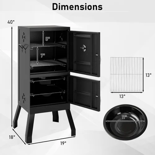 Vista 8 de Happygrill Parrillas de carbón, parrilla vertical de 40 pulgadas con termómetro integrado, amortiguadores de aire ajustables, bandeja de agua