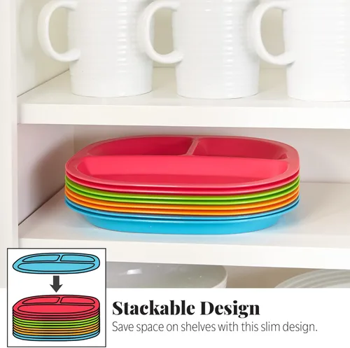 Vista 6 de US Acrylic Harmony - Bandeja de plástico dividida de 3 compartimentos para niños en 4 colores Calypso Juego de 12 platos reutilizables sin BPA