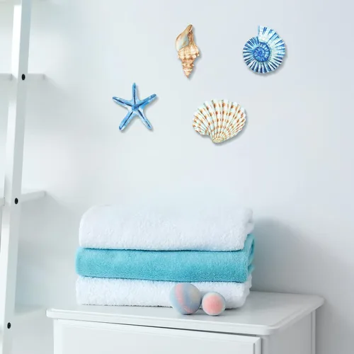 Vista 8 de Yookeer 4 piezas de decoración de pared de playa, decoración de pared de madera con conchas marinas, arte decorativo náutico costero del océano