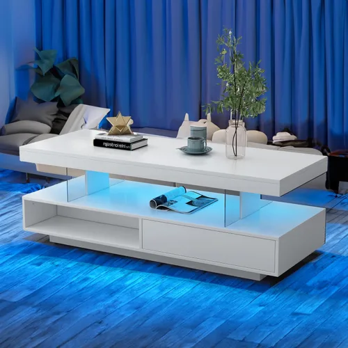 Vista 9 de Mesa de centro LED con almacenamiento, mesas de centro LED para sala de estar, mesa de centro de alto brillo con luces LED, mesa central moderna