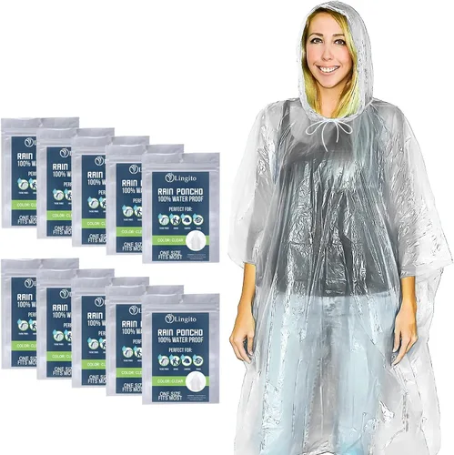 Lingito Clear Emergency Rain Ponchos Adults, Thicker, 100% Waterproof Emergency Camping Rain Poncho, Amusement Parks, Hikes