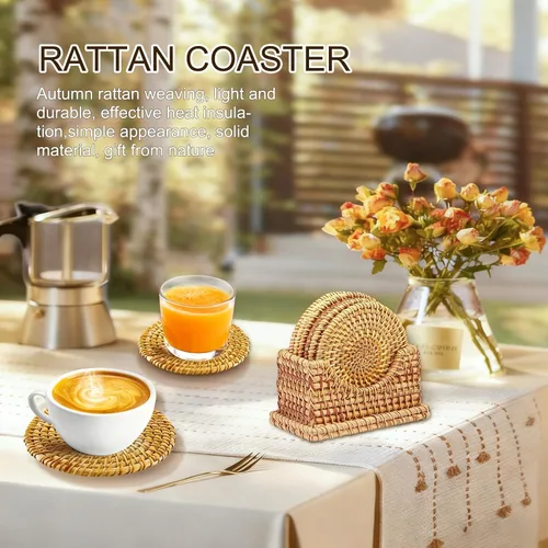 Vista 5 de Juego de 6 posavasos de ratán hechos a mano con soporte, posavasos de mimbre boho para bebidas, posavasos redondos de ratán, decoración rústica