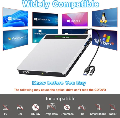 Vista 6 de NOLYTH Unidad de CD externa para portátil: Grabador portátil USB3.0 DVD ROM - Reproductor óptico de CD/DVD USB C con puertos SD/TF/2 USB compatible