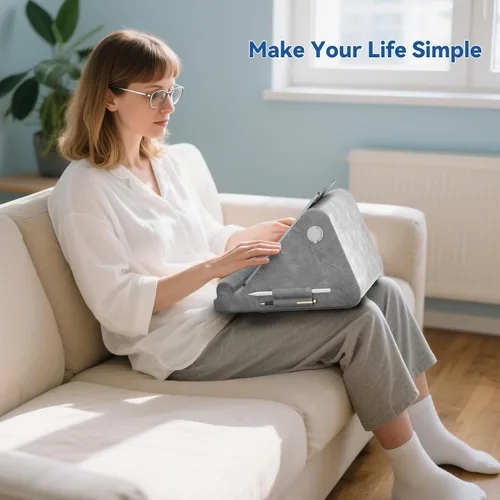 Vista 5 de KDD Soporte de almohada para tableta, almohada inflable portátil para iPad para regazo, cama con bolsillo para teléfono y soporte para lápiz digital
