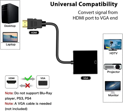 Vista 3 de HDMI a VGA, adaptador HDMI a VGA chapado en oro, macho a hembra para computadora, computadora de escritorio, laptop, PC, monitor, proyector, HDTV
