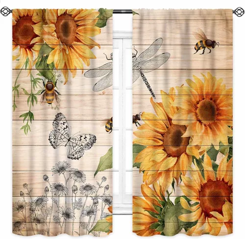 Vista 3 de Cortinas rústicas de cocina de girasol, tablón de madera de campo de campo amarillo, floral, abeja, libélula mariposa, retro, casa rural, Girasol-11