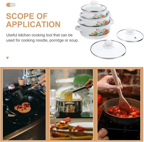 Vista 9 de Kichvoe Olla de esmalte con tapa, olla de cocina retro de frijoles esmaltados, olla para pasta, olla de sopa vintage con doble mango para cocinas