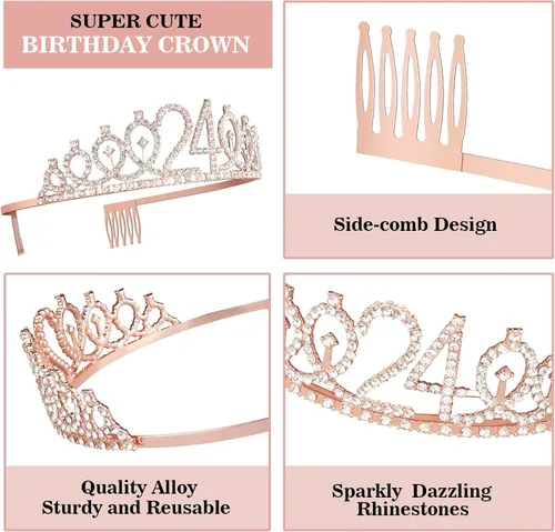 Vista 4 de Decoraciones de cumpleaños de 24 años para mujeres, incluyendo banda de cumpleaños, tiara/corona, velas numéricas y decoración de pastel, regalos