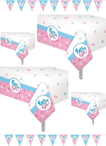 Oojami Kit de decoración para fiesta de revelación de género: paquete de 4 fundas de mesa de plástico de 54 x 108 pulgadas y 2 pancartas de