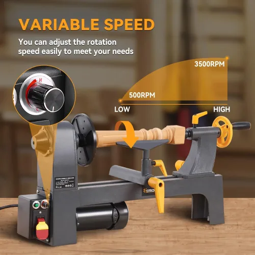 Vista 4 de Hoteche Torno de madera de sobremesa de 3 amperios, 10 pulgadas x 13 pulgadas, velocidad variable, mini herramienta de torneado de madera