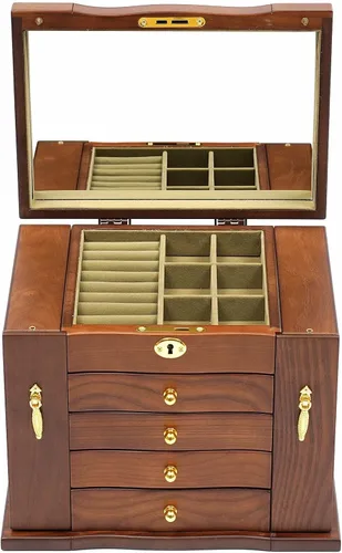 Vista 2 de Jewelry Box with Key Lock, 5-Layer Large Organizer Box with Mirror and 2 swing-out cabinets and 4 Drawers, Soft Velvet Lining, for Rings Earrings