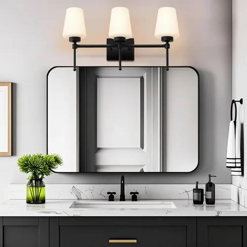 Vista 6 de Lámparas de tocador de baño, color negro cepillado sobre espejo con pantalla de vidrio de leche, lámpara de iluminación de pared, lámpara de baño