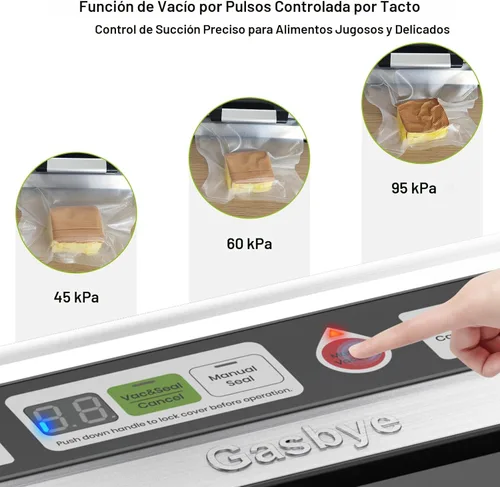 Vista 6 de Gasbye Máquina selladora al vacío de precisión de 95 kPa, doble sellado térmico para alimentos secos/húmedos, mango de fácil bloqueo, almacenamiento