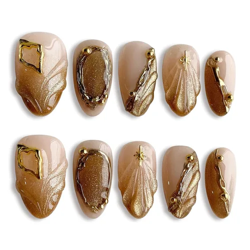 Vista 20 de Uñas postizas medianas a presión de almendra, con lazo 3D, perlas y diamantes de imitación, diseños de flores, uñas adhesivas, uñas acrílicas
