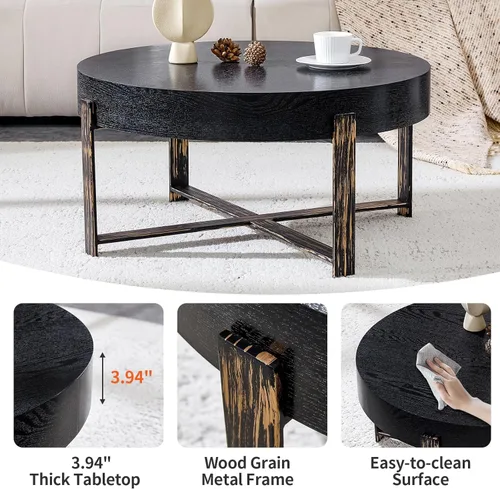 Vista 4 de Mesa de centro redonda de 30.7 pulgadas, mesas de centro modernas para sala de estar, mesa de té circular de madera con patas de metal