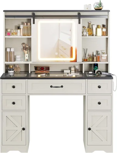 Vista 8 de BTHFST Farmhouse Vanity Desk with Sliding Mirror and Lights, Large Makeup Vanity with Glass Top & Charging Station, Vanity Table with 5 Drawers &