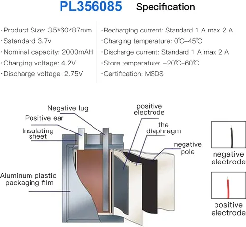 Vista 5 de 3.7V 2000mAh Batería 356085 Li-ion Li-ion recargable Li-ion Li-Po Batería con 2P PH 0.079 in Pitch Connector
