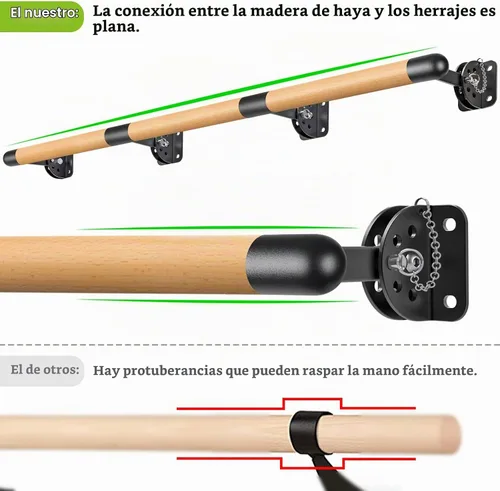 Vista 2 de Dolibest Ahorro de espacio, barra de ballet, montado en la pared, sistema de barra de ballet de madera tradicional, estiramiento/danza