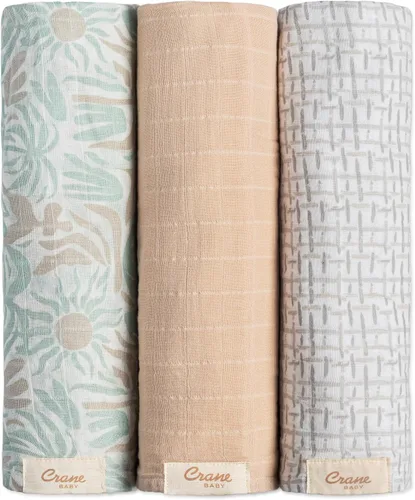 Crane Baby Mantas de Arrullo de Muselina 100% Algodón, Beach Life Estrella de Mar, Juego de 3, 47" x 47", Arrullos para Recién Nacidos, Bebé y Niñas