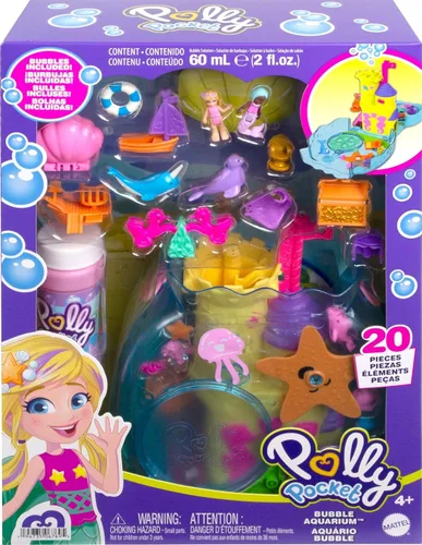 Vista 6 de Polly Pocket Acuario de burbujas con tema submarino, 2 características de fabricación de burbujas, piscina, micro polly y muñeca de sirena, solución